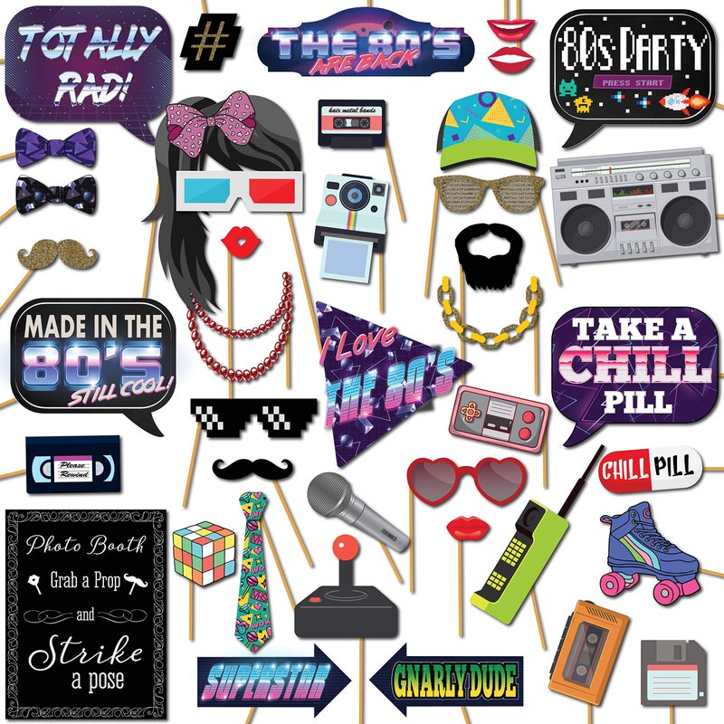 Outside The Booth 80s Photo Booth Props - 41-pc Photo Prop Kit with 8 x 10-Inch Sign, 60 Adhesive Pads, 45 Sticks - 80's Decorations and Theme Party Decorations - Image 1